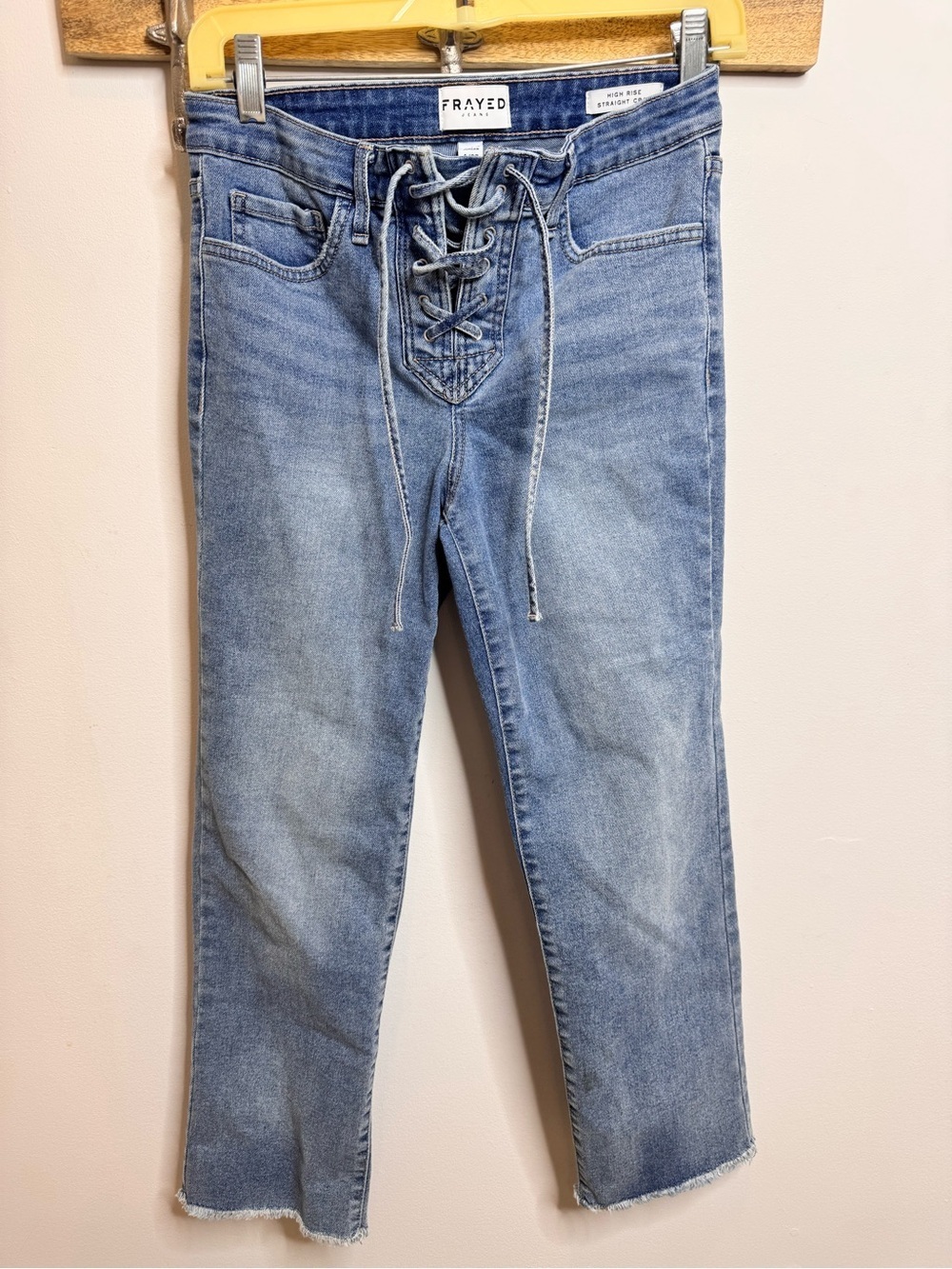FRAYED Lace-Up Light Blue Straight Leg crop Jeans